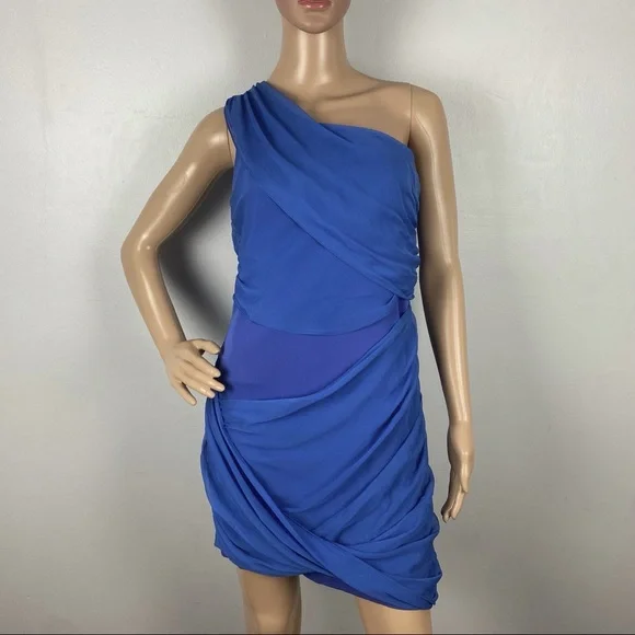 ALICE + OLIVIA BLUE ONE-SHOULDER CHIFFON DRAPED MINI DRESS - Picture 2 of 12